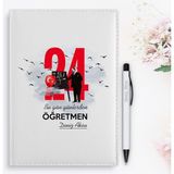 Bk Gift Kişiye Özel Öğretmenler Günü Tasarımlı 2024 Beyaz Deri Ajanda ve Kalem Hediye Seti - 4