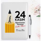 Bk Gift Kişiye Özel Öğretmenler Günü Tasarımlı 2024 Beyaz Deri Ajanda ve Kalem Hediye Seti - 9