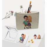 BK Gift Kişiye Özel Sevgililer Karikatürlü Keten Makyaj Çantası ve Ayna Seti, Sevgiliye Hediye, Sevgililer Günü Hediyesi, Doğum Günü Hediyesi-6