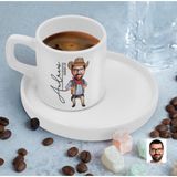 Bk Gift Kişiye Özel Sunum Tabaklı Erkek Kovboy Karikatürlü Kahve Fincanı-1, Sevgiliye Hediye, Aileye Hediye, Arkadaşa Hediye