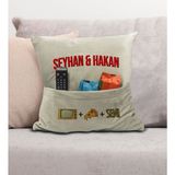 Bk Gift Kişiye Özel Tasarımlı Organizer Kumanda ve Atıştırmalık Cepli Krem Kırlent Yastık- 2, Ev Dekoru, - 43 x 43 cm - Renkli