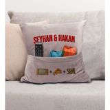 Bk Gift Kişiye Özel Tasarımlı Organizer Kumanda ve Atıştırmalık Cepli Pembe Kırlent Yastık- 2, Ev Dekoru, - 43 x 43 cm - Renkli