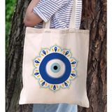 BK Gift Nazar Boncuğu Tasarımlı Kanvas Bez Çanta, Baskılı Omuz Çantası, Alışveriş Çantası, Plaj Çantası1 - Bej
