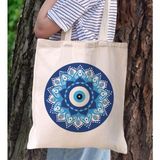 BK Gift Nazar Boncuğu Tasarımlı Kanvas Bez Çanta, Baskılı Omuz Çantası, Alışveriş Çantası, Plaj Çantası2 - Bej