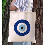 BK Gift Nazar Boncuğu Tasarımlı Kanvas Bez Çanta, Baskılı Omuz Çantası, Alışveriş Çantası, Plaj Çantası3 - Bej