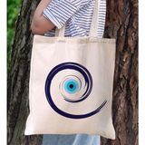 BK Gift Nazar Boncuğu Tasarımlı Kanvas Bez Çanta, Baskılı Omuz Çantası, Alışveriş Çantası, Plaj Çantası4 - Bej