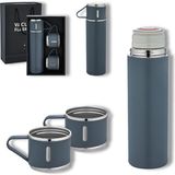 BK Gift Paslanmaz Çelik 500ml 3 Bardaklı Sızdırmaz Termos Seti-Gri, Vakumlu Termos Set