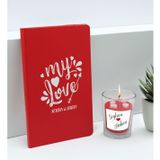 Bk Gift Sevgililere Özel Isimli Kırmızı Defter ve Cam Bardakta Kalp Figürlü Kokulu Mum Hediye Seti-11, Sevgiliye Hediye, Sevgililer Günü