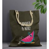 Bk Gift Yaz Temalı Haki Halat Saplı Kumaş Plaj Çantası -10 Baskılı Omuz Çantası