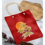 Bk Gift Yaz Temalı Isimli Kırmızı Halat Saplı Kumaş Plaj Çantası -2 Baskılı Omuz Çantası