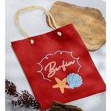 Bk Gift Yaz Temalı Isimli Kırmızı Halat Saplı Kumaş Plaj Çantası -3 Baskılı Omuz Çantası