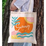Bk Gift Yaz Temalı Kanvas Bez Plaj Çantası -15 Baskılı Omuz Çantası