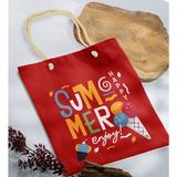 Bk Gift Yaz Temalı Kırmızı Halat Saplı Kumaş Plaj Çantası -12 Baskılı Omuz Çantası
