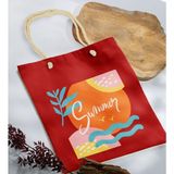 Bk Gift Yaz Temalı Kırmızı Halat Saplı Kumaş Plaj Çantası -15 Baskılı Omuz Çantası