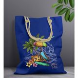 Bk Gift Yaz Temalı Saks Mavi Halat Saplı Kumaş Plaj Çantası -3 Baskılı Omuz Çantası