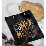 Bk Gift Yaz Temalı Siyah Halat Saplı Kumaş Plaj Çantası -13 Baskılı Omuz Çantası