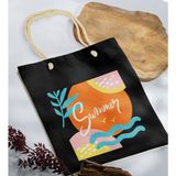 Bk Gift Yaz Temalı Siyah Halat Saplı Kumaş Plaj Çantası -15 Baskılı Omuz Çantası