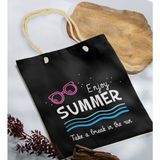 Bk Gift Yaz Temalı Siyah Halat Saplı Kumaş Plaj Çantası -8 Baskılı Omuz Çantası