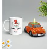 BK Gift Yılbaşı Hediyesi Bk Gift Kişiye Özel Yeni Yıl Tasarımlı Beyaz Kupa Bardak ve Plakalı Nostaljik Vosvos Mum Hediye Seti-5, Sevgiliye, Arkadaşa Hediye