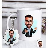 BK Kişiye Özel Amca Karikatürlü Beyaz Kupa ve Anahtarlık