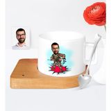 BK Kişiye Özel Asker Karikatür Ahşap Altlıklı Seramik Fincan - 1