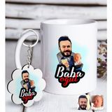 BK Kişiye Özel Baba Oğul Karikatürlü Beyaz Kupa ve Anahtarlık Hediye Seti