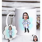 BK Kişiye Özel Bayan Doktor Karikatürlü Beyaz Kupa ve Anahtarlık Hediye Seti-1