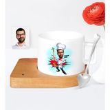 BK Kişiye Özel Chef Karikatür Ahşap Altlıklı Seramik Fincan - 1
