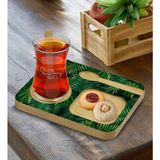 BK Kişiye Özel Doğal Ahşap Kaşıklı Sunum Tabağı ve Heybeli Çay Bardağı Hediye Seti - Model 16 - Renkli