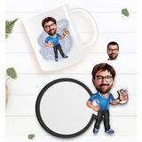 BK Kişiye Özel Erkek Antrenör Karikatürlü Beyaz Kupa ve Ahşap Bardak Altlığı