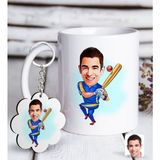 BK Kişiye Özel Erkek Baseball Oyuncusu Karikatürlü Beyaz Kupa ve Anahtarlık Hediye Seti-1