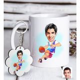 Bk Kişiye Özel Erkek Basketbolcu Karikatürlü Beyaz Kupa Ve Anahtarlık Hediye Seti-2
