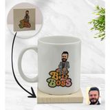 BK Kişiye Özel Erkek Big Boss Karikatürlü Beyaz Kupa Bardak ve Ahşap Bardak Altlığı Hediye Seti - Model 3