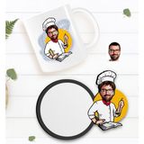 BK Kişiye Özel Erkek Chef Karikatürlü Beyaz Kupa ve Ahşap Bardak Altlığı Hediye Seti-12