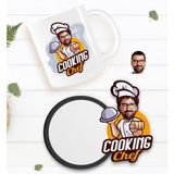 BK Kişiye Özel Erkek Chef Karikatürlü Beyaz Kupa ve Ahşap Bardak Altlığı Hediye Seti-15