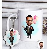 BK Kişiye Özel Erkek Doğum Günü Karikatürlü Beyaz Kupa ve Anahtarlık Hediye Seti-3