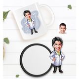 BK Kişiye Özel Erkek Doktor Karikatürlü Beyaz Kupa ve Ahşap Bardak Altlığı Hediye Seti-1