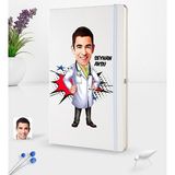 BK Kişiye Özel Erkek Doktor Karikatürlü Beyaz Termo Deri Defter 16X24CM Model 2
