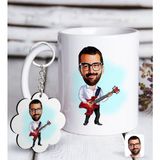 BK Kişiye Özel Erkek Gitarist Karikatürlü Beyaz Kupa ve Anahtarlık Hediye Seti-2
