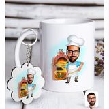 BK Kişiye Özel Erkek Kebapçı Karikatürlü Beyaz Kupa ve Anahtarlık Hediye Seti-1