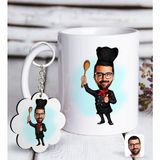 BK Kişiye Özel Erkek Master Chef Karikatürlü Beyaz Kupa ve Anahtarlık Hediye Seti-1