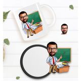 BK Kişiye Özel Erkek Öğretmen Karikatürlü Beyaz Kupa ve Ahşap Bardak Altlığı Hediye Seti-1