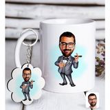 BK Kişiye Özel Erkek Patron Karikatürlü Beyaz Kupa ve Anahtarlık Hediye Seti-3