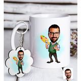BK Kişiye Özel Erkek Ressam Karikatürlü Beyaz Kupa ve Anahtarlık Hediye Seti-1