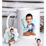 BK Kişiye Özel Erkek Tenis Oyuncusu Karikatürlü Beyaz Kupa ve Anahtarlık Hediye Seti-1