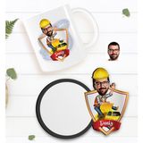 BK Kişiye Özel Erkek Yol Mühendisi Karikatürlü Beyaz Kupa ve Ahşap Bardak Altlığı Hediye Seti-1