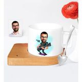 BK Kişiye Özel Gitarist Karikatür Ahşap Altlıklı Seramik Fincan - 1