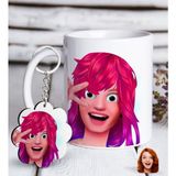 BK Kişiye Özel Kadın Animasyon Karikatürlü Beyaz Kupa ve Anahtarlık Hediye Seti-10