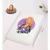 BK Kişiye Özel Kadın Astrolog Karikatürlü Beyaz Defter ve Kalem Hediye Seti-1