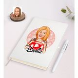 BK Kişiye Özel Kadın Youtuber Karikatürlü Beyaz Defter ve Kalem Hediye Seti-1